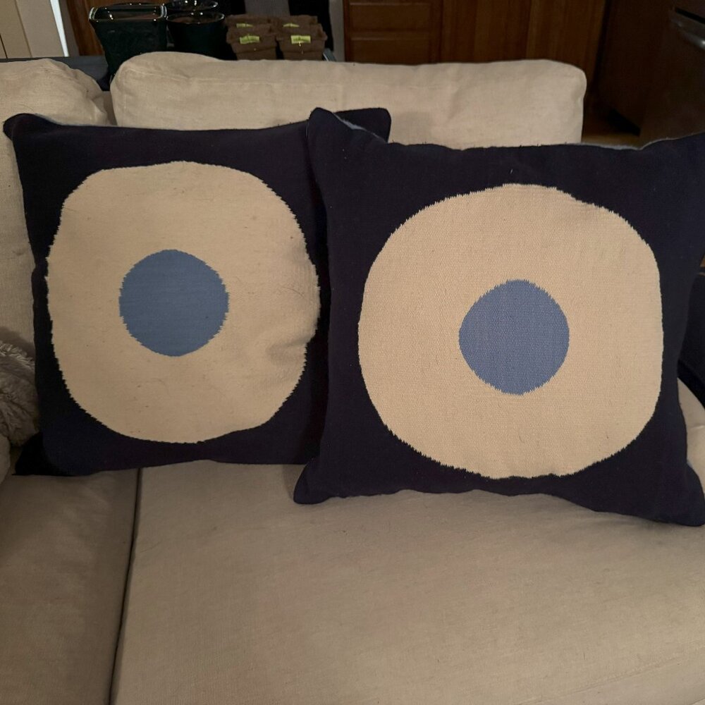Pair of Vintage Jonathan Adler Dark & Light Blue Circle Pillows